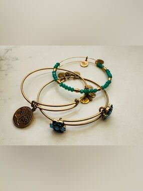 Alex and Ani Gold Tone Bracelet Set with Teal Beads and Blue Crystal Accents
